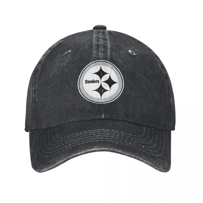 Black and White Steeler Logo Baseball Caps Vintage Denim Washed Headwear