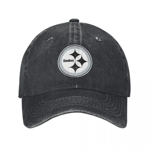 Black and White Steeler Logo Baseball Caps Vintage Denim Washed Headwear