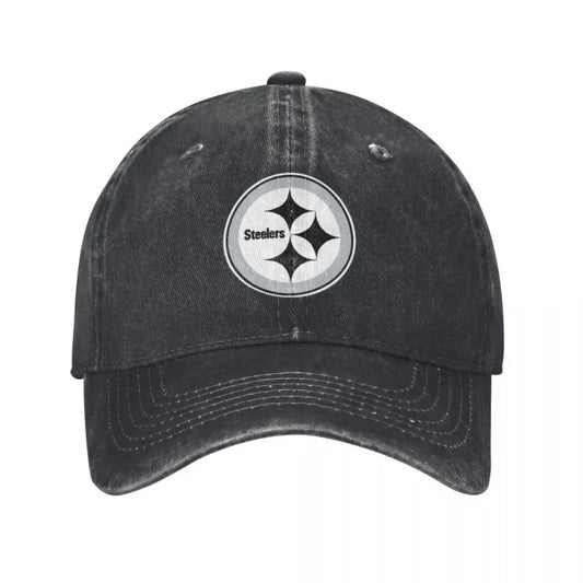 Black and White Steeler Logo Baseball Caps Vintage Denim Washed Headwear