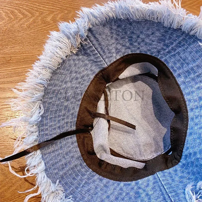 Summer Unisex Tassel Washed Denim Bucket Hats Fashion for Women