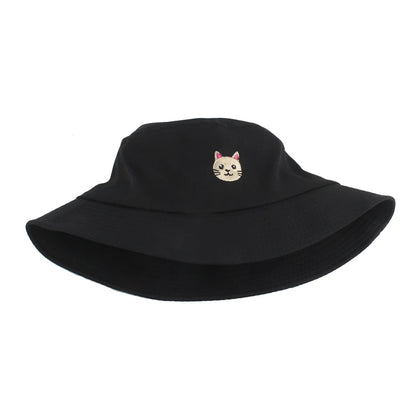 New Summer Cat Embroidery Fisherman Cap Soild Color Cartoon Cute Bucket Hat Women Men