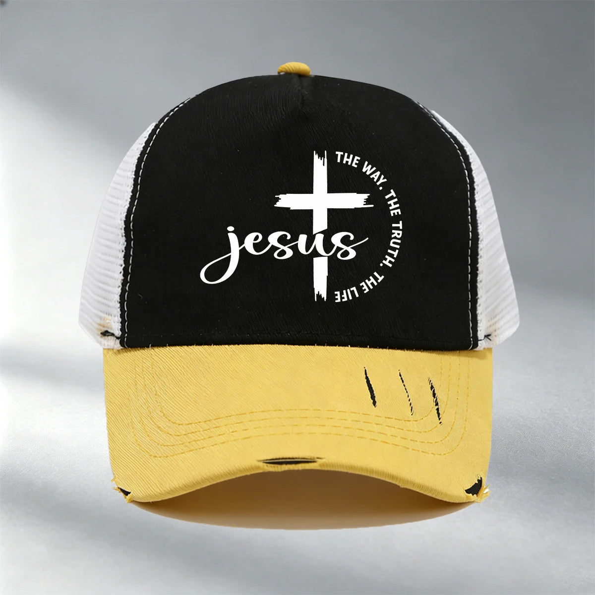 Christian Jesus Cross Print Color Block Mesh Baseball Cap