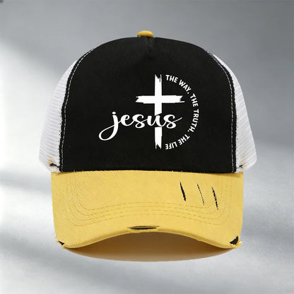 Christian Jesus Cross Print Color Block Mesh Baseball Cap