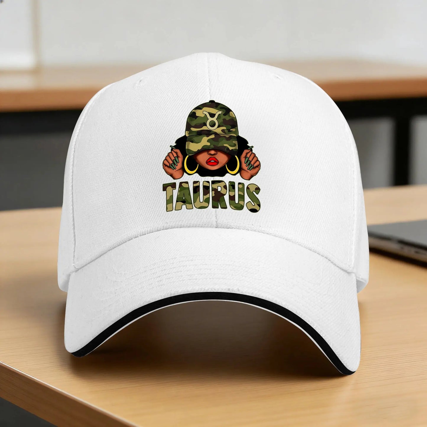 Taurus Queen Black Woman with Cap Camo Sun Baseball Cap