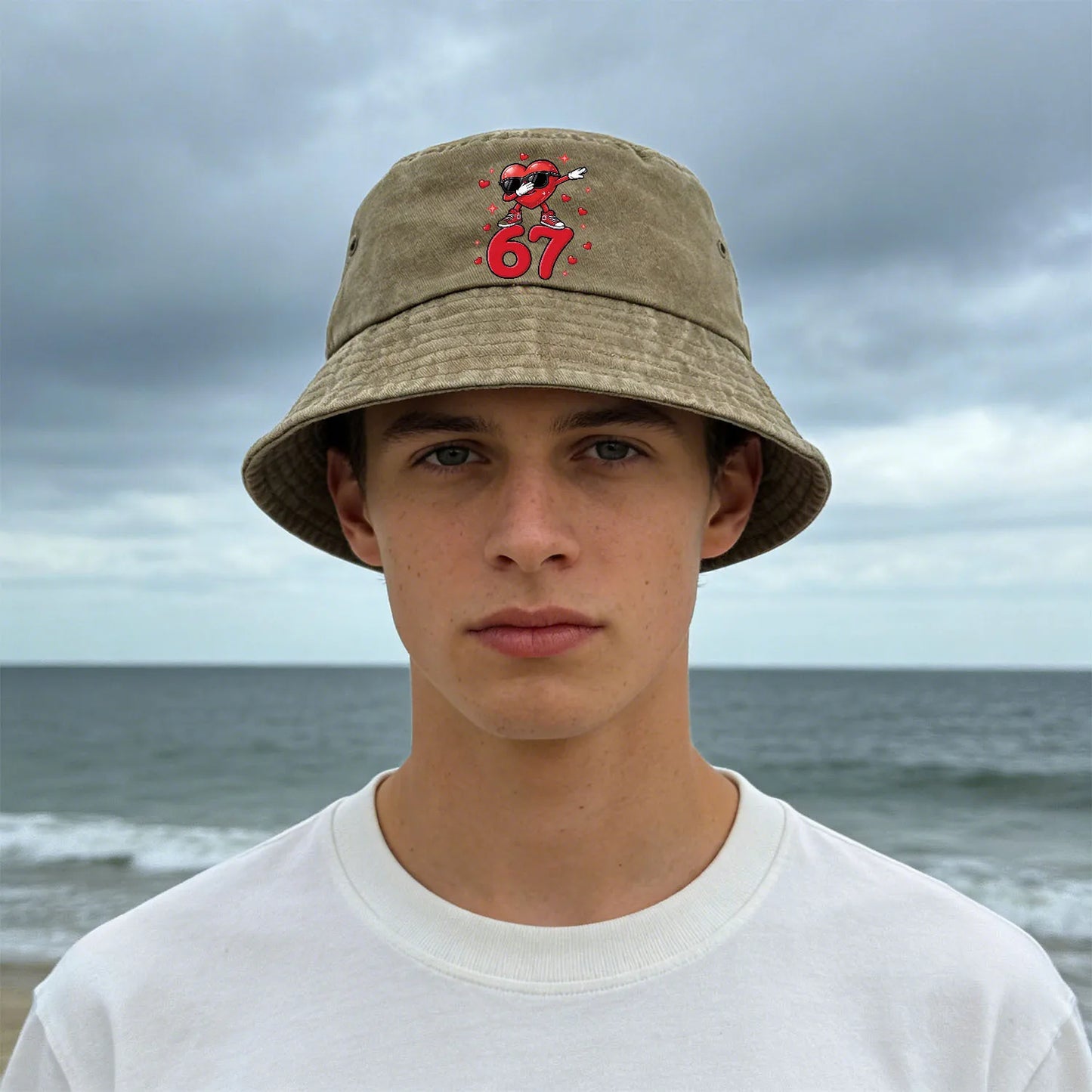 A Washed Denim Bucket Hat With A Sunglasses Heart Number