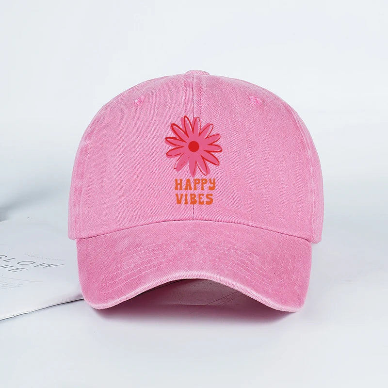 Happy Vibes Floral Print Washed Baseball Cap