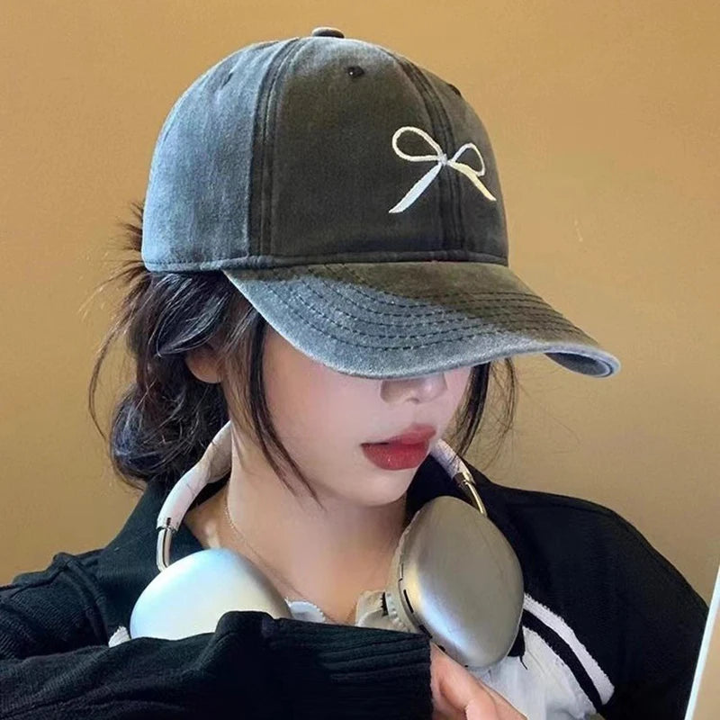 Pink Bow Baseball Cap For Women Y2K Korean Washed Denim Snapback Hat