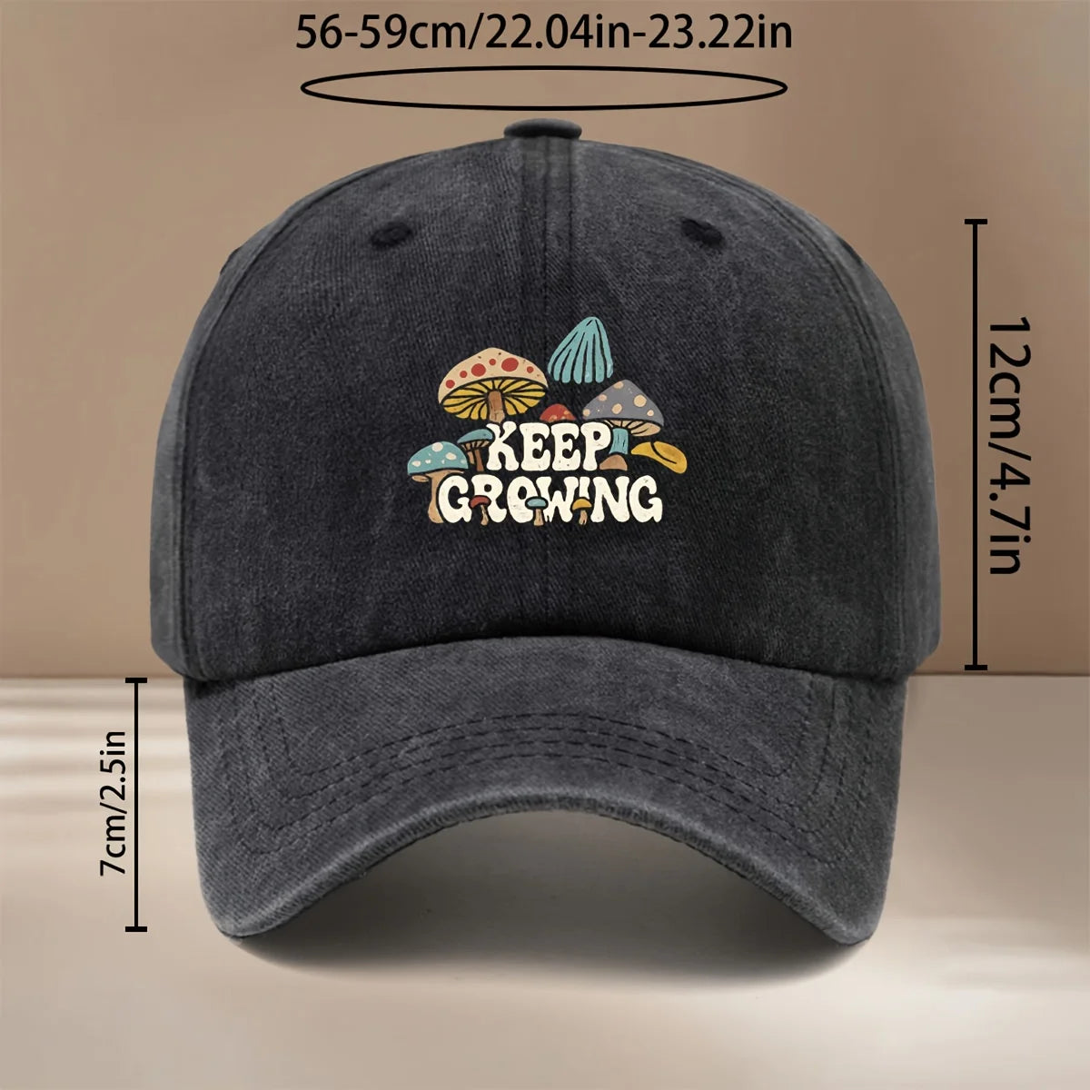 Baseball Cap With "KEEP GROWING" Text And Mushroom Pattern
