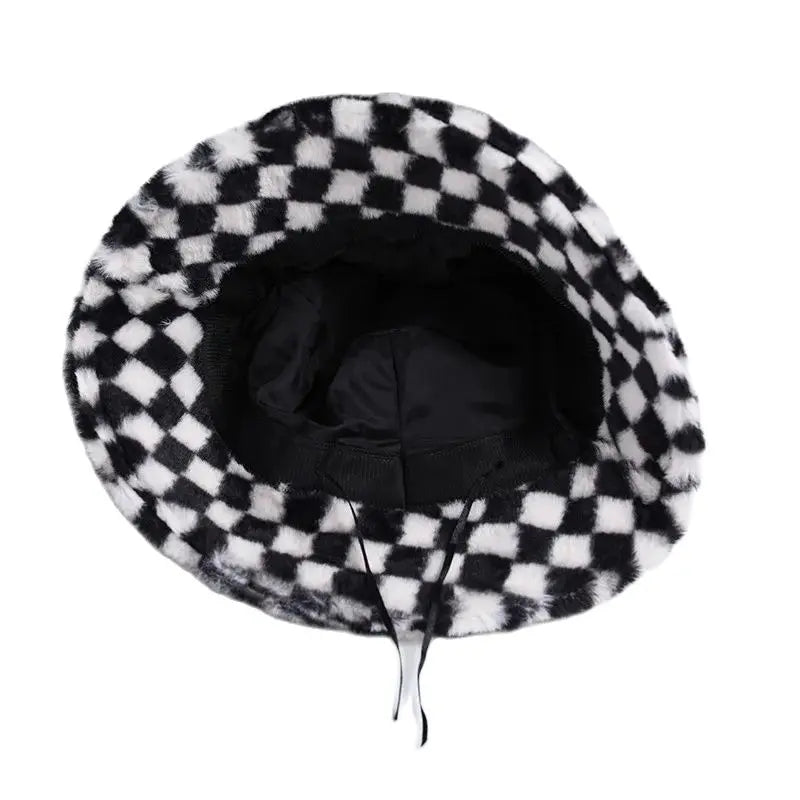 Ins Checkerboard Hat Women's Korean Version Plush Pink Bucket Hat