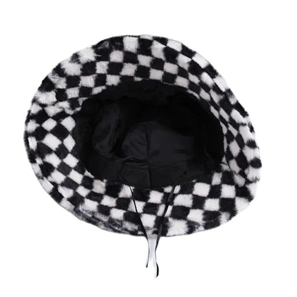 Ins Checkerboard Hat Women's Korean Version Plush Pink Bucket Hat