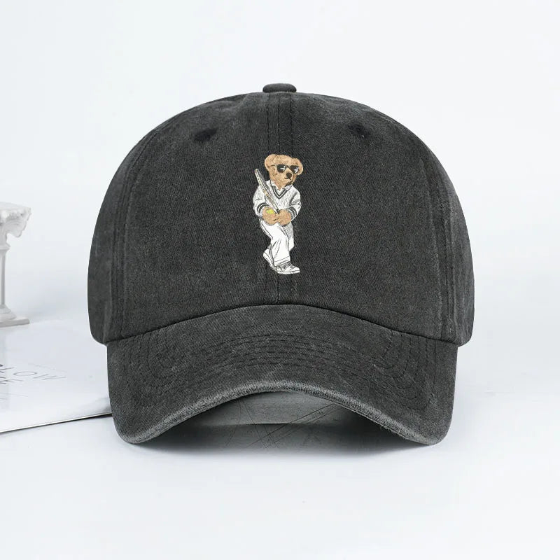 Classic Baseball Bear Print Washed Baseball Cap