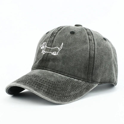 Dog Patterned Embroidered Baseball Cap Men Women Vintage Washed Cotton
