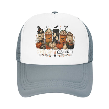 Unisex Coffee Ghost Spooky Fall Trucker Hats Mesh Baseball Cap