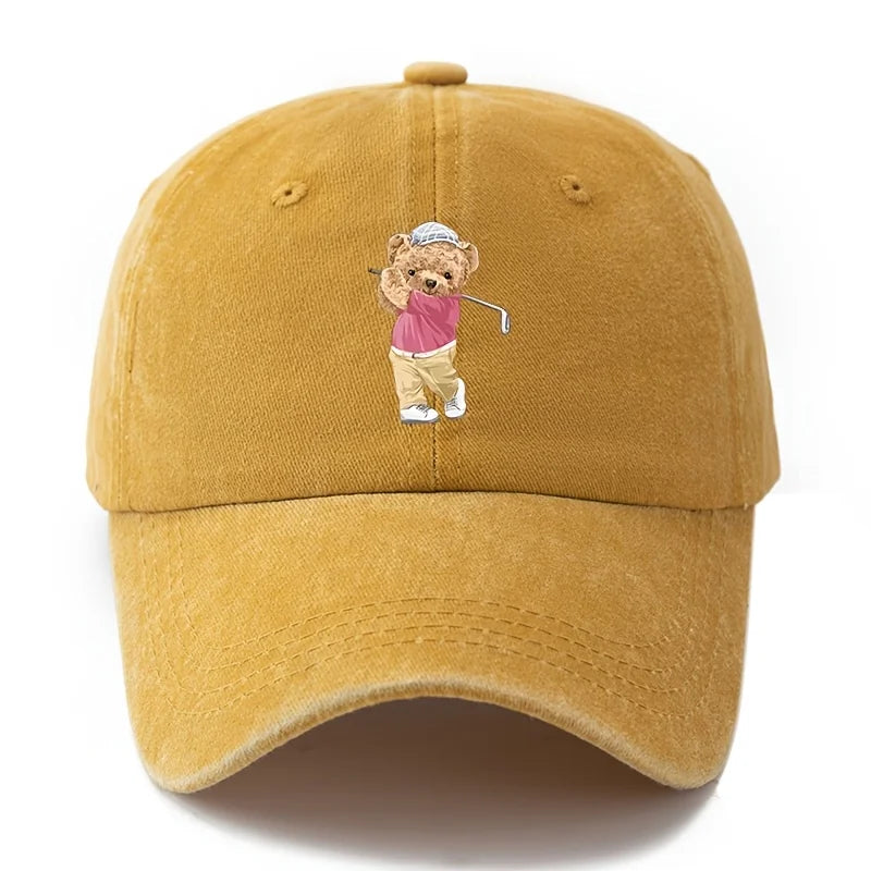 Playful Bear Print Vintage-Washed Cotton Baseball Hat