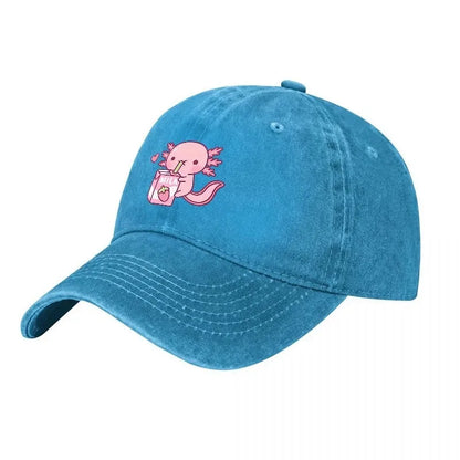 Cute Axolotl Drinking Milk Washed Denim Baseball Cap