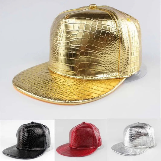 Solid Color Shiny Crocodile Leather Pattern PU  Flat Edge Snapback Cap
