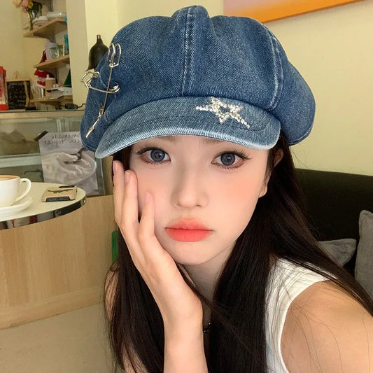 Spring and Summer Big Head Flash Diamond Star Pin Denim Beret Hat