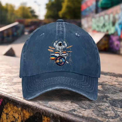 Astronaut Drummer Graphic Washed Baseball Cap