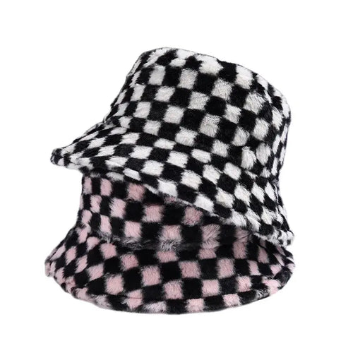 Ins Checkerboard Hat Women's Korean Version Plush Pink Bucket Hat