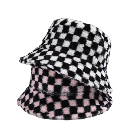 Ins Checkerboard Hat Women's Korean Version Plush Pink Bucket Hat