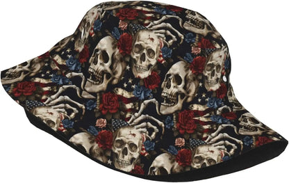 American Flag Skull and Roses Bucket Hat