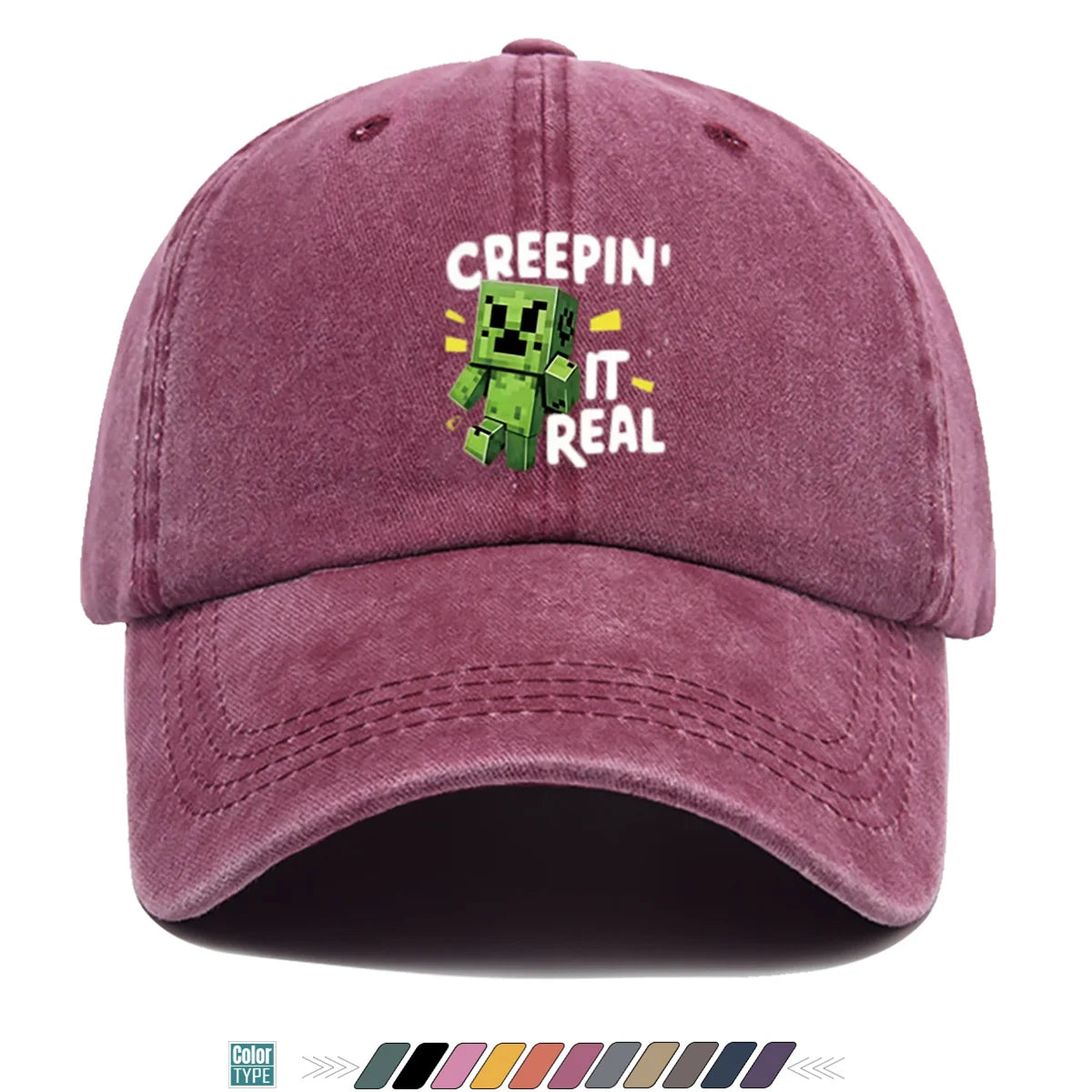 "Block-Based Game" Creeper Print Baseball Cap Fun English "CREEPIN' IT REAL