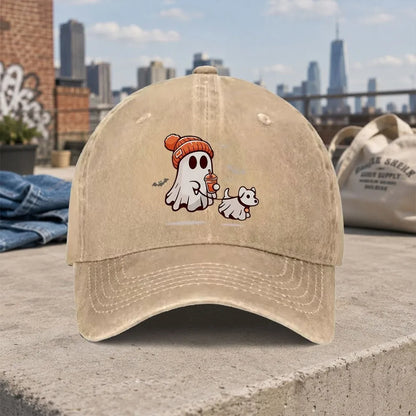 Retro Casual Halloween Ghost Dog Washed Baseball Cap