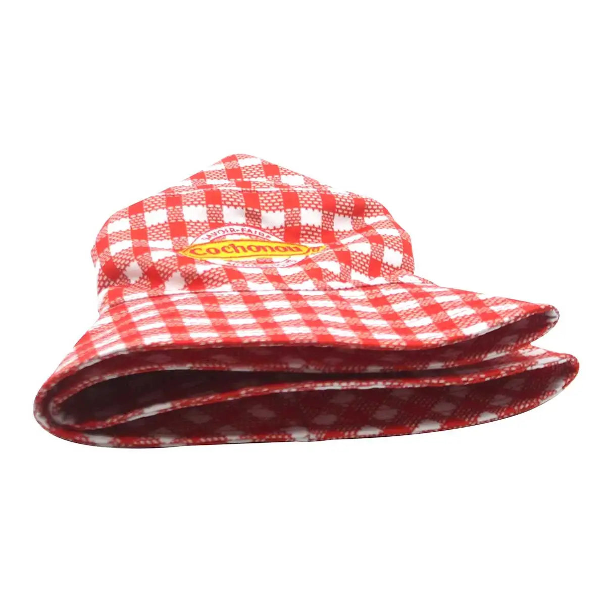 Unisex Bucket Hat Pig Cochonou Embroidery Red Plaid Style