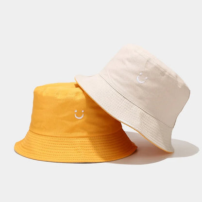 Unisex Bucket Hat Smile Face Embroidery Double Sided Wear Visor Cap