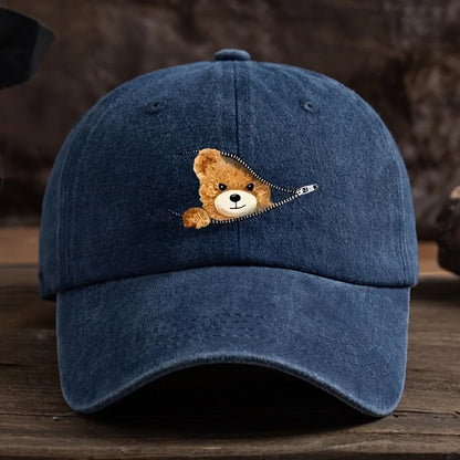 Zippered Bear Print Baseball Cap