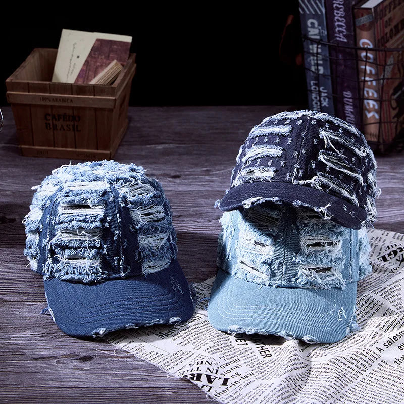 Distressed Denim Baseball Cap Vintage Ripped Style