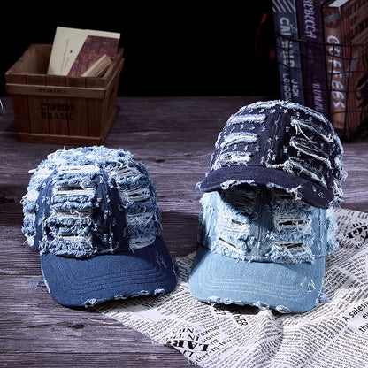 Distressed Denim Baseball Cap Vintage Ripped Style