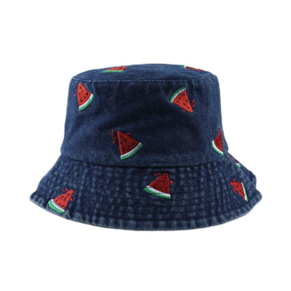 Spring Summer Strawberry Embroidery Denim Jeans Bucket Hat For Men Women