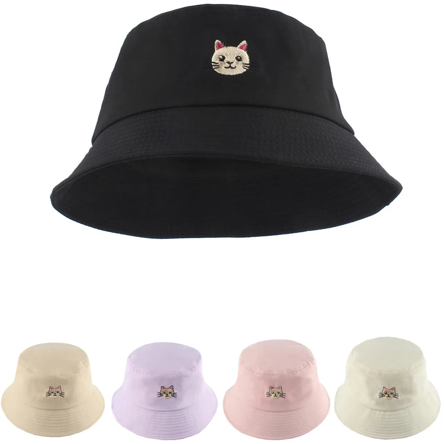 New Summer Cat Embroidery Fisherman Cap Soild Color Cartoon Cute Bucket Hat Women Men