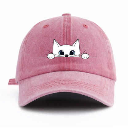 Cute Peeking White Cat Washed Baseball Cap