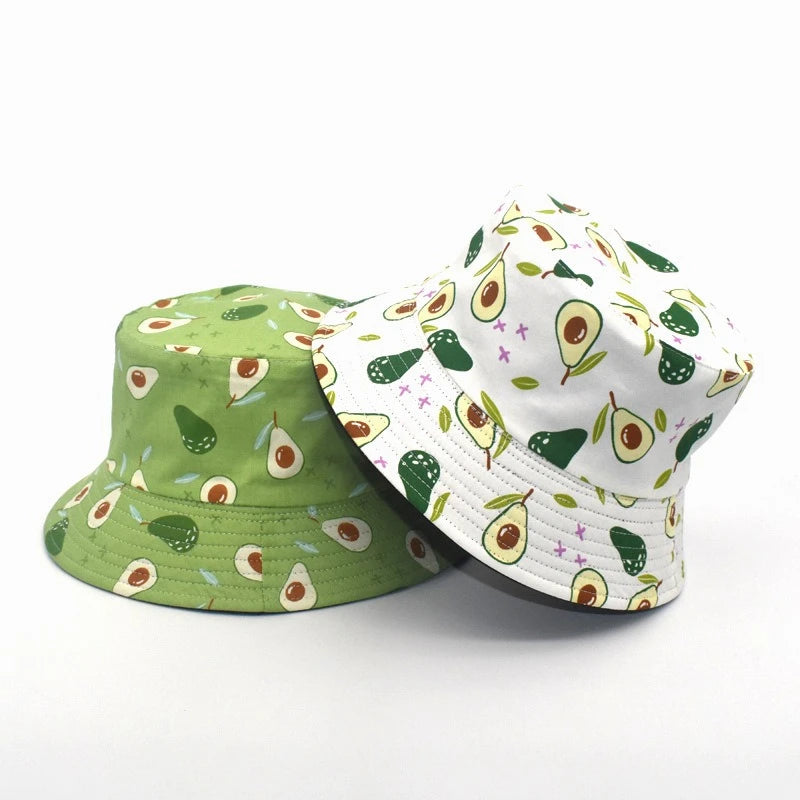 Unisex Avocado Print Bucket Fisherman's Hat Korean Style Reversible Basin Hat Boys & Girls