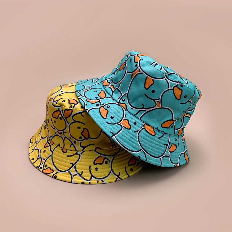 Cartoon Yellow Duck Bucket Hats New Unisex Cute Sunshade Double Sided