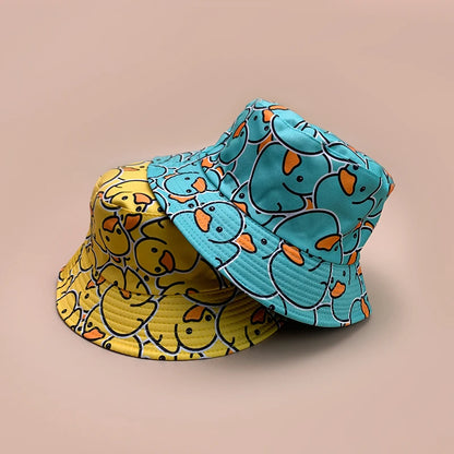 Cartoon Yellow Duck Bucket Hats New Unisex Cute Sunshade Double Sided