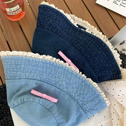 Casual Big Brimmed Denim Bucket Hat Y2K Sunscreen Lace Fisherman Hat