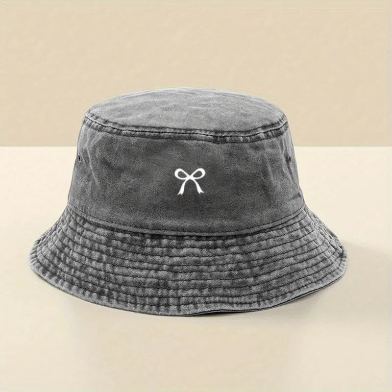 Stylish Black Bucket Hat With White Bow Print