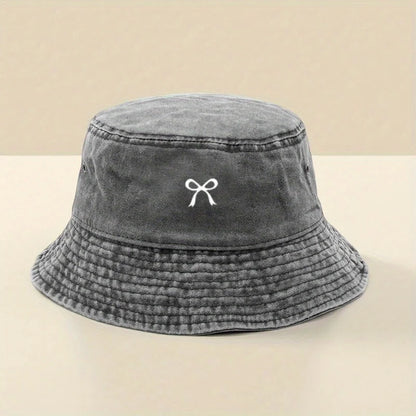 Stylish Black Bucket Hat With White Bow Print