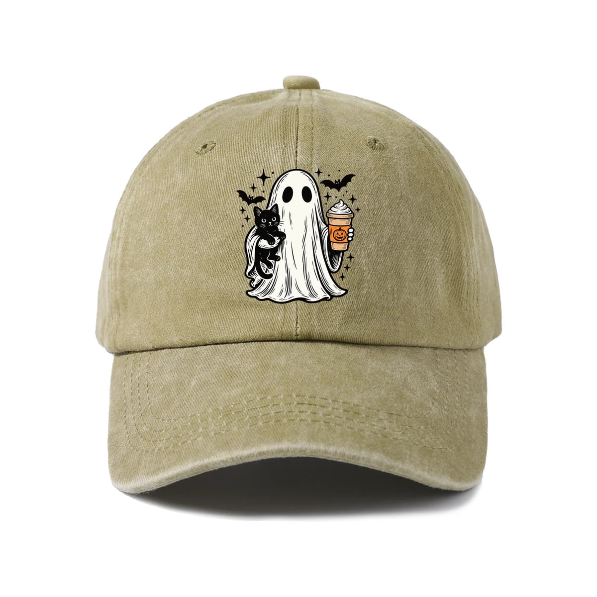 Vintage Washed Ghost Black Cat Coffee Graphic Baseball Cap