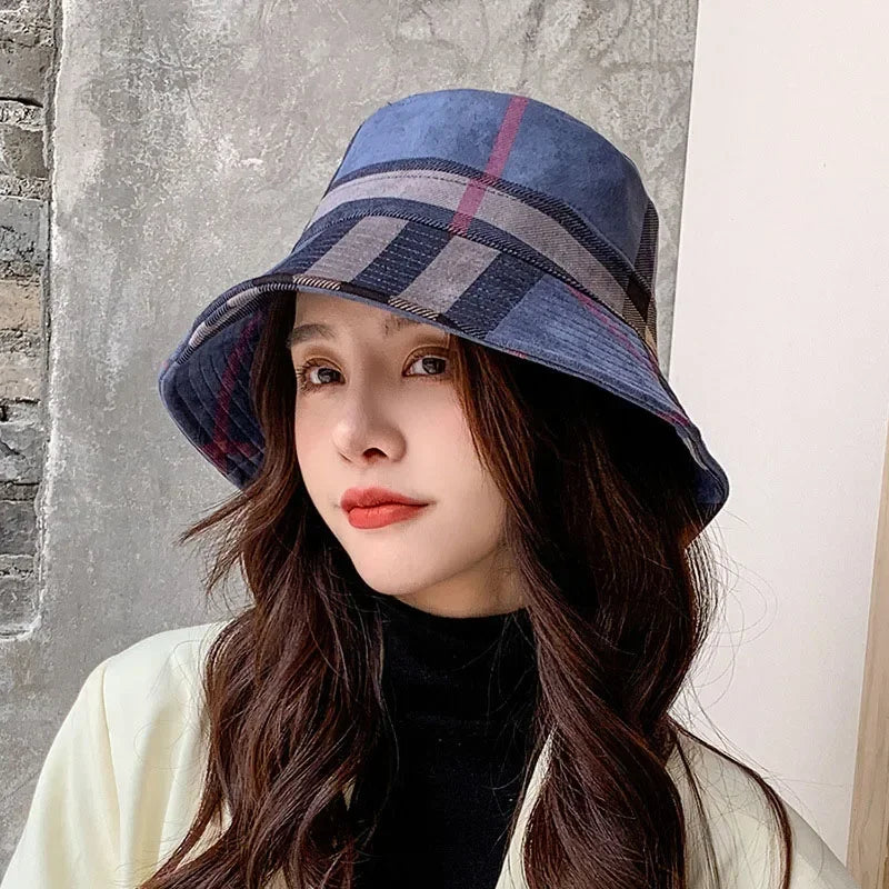 Women Bucket Hats Foldable Plaid Pattern Sun Hats Japanese Casual Winter Warm