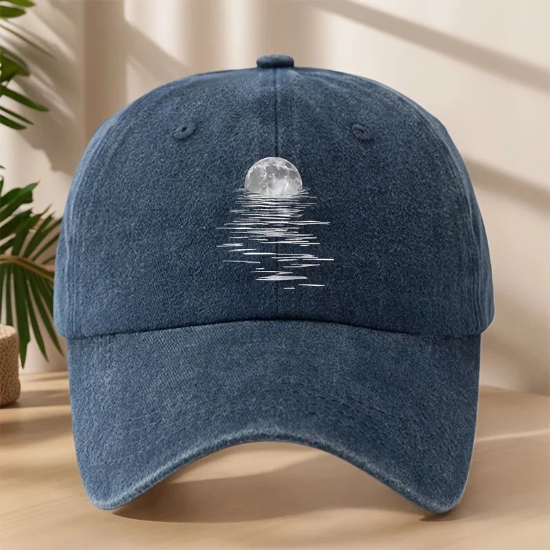 MAKEFGE Vintage Washed Soft-Top Cap with Moon & Starry Night Sky Print Baseball Hat