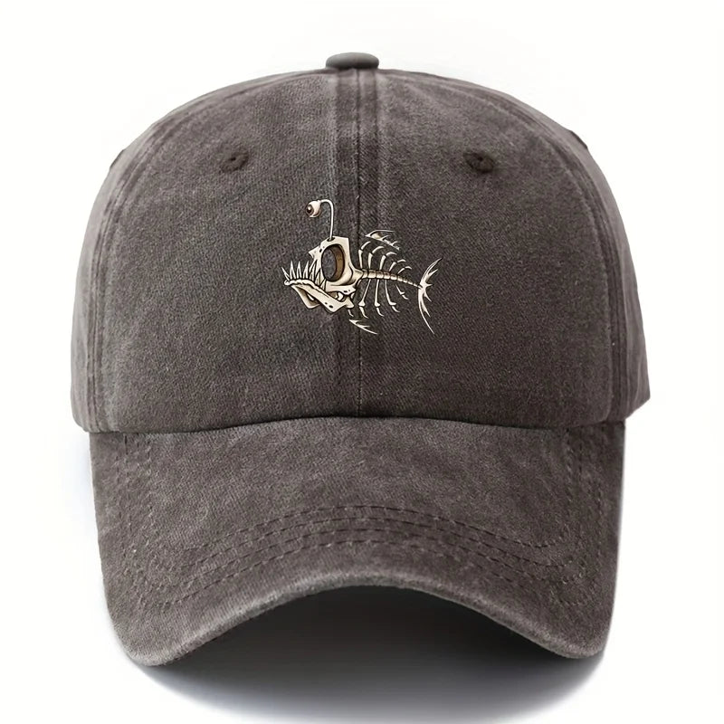 Fishbone Printed Baseball Cap Classic Retro Curved Brim