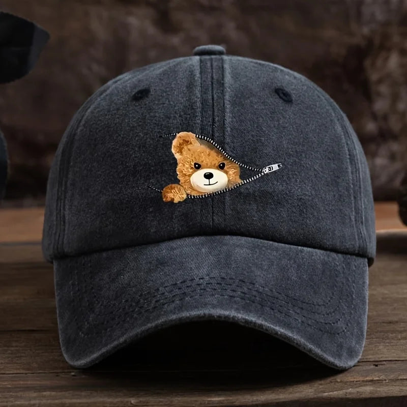 Zippered Bear Print Baseball Cap
