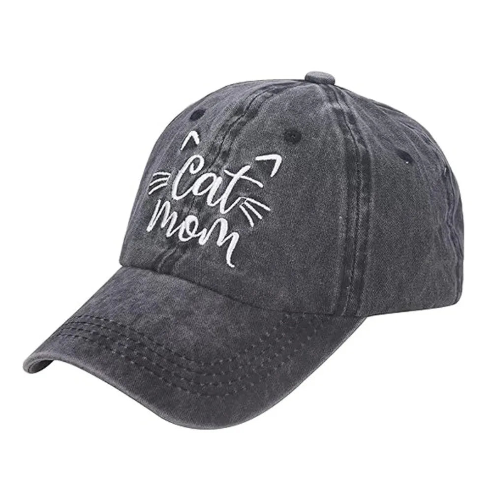 Cat Mom Embroidered Washed Cotton Baseball Cap