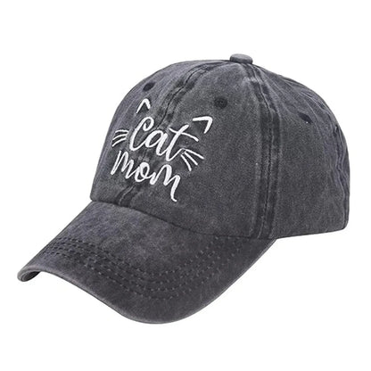 Cat Mom Embroidered Washed Cotton Baseball Cap